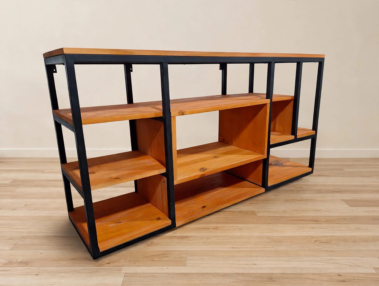 Mueble para TV con organizador, Estructura de hierro y estantes de madera
